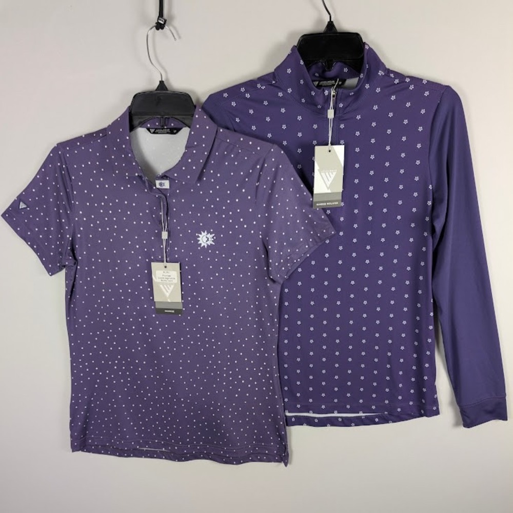 Levelwear Golf Polo and Quarter Zip Set Womens SMALL Purple Polka Dot Floral NEW